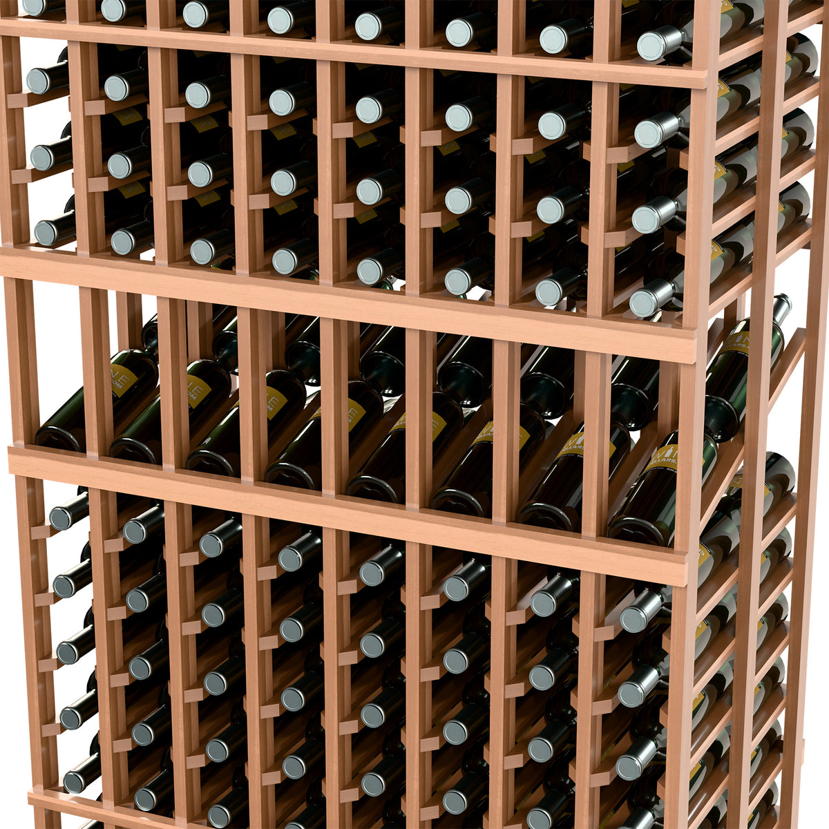 Wood wine storage rack showing front rows of bottles in grid slots, close-up