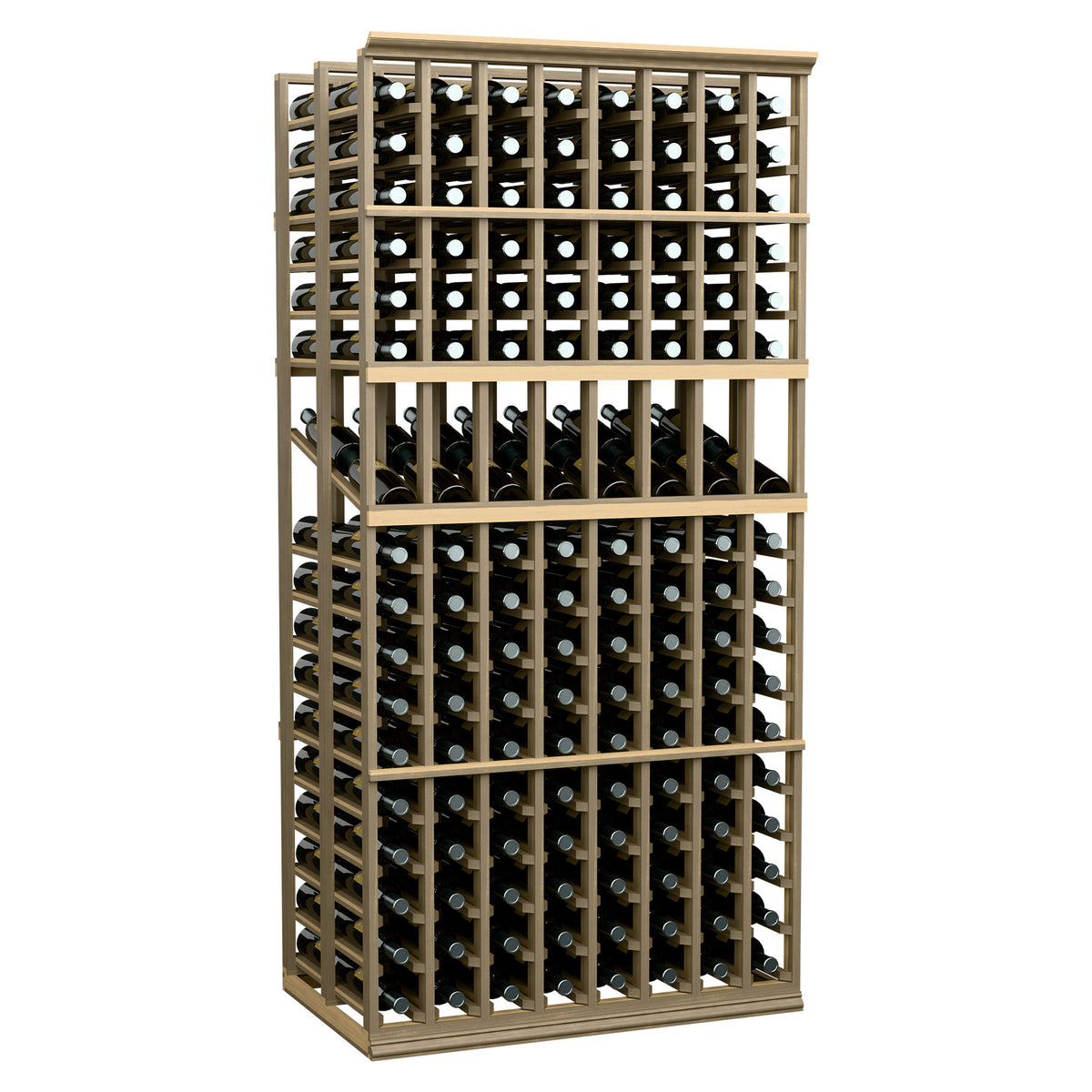 Wood wine bottle display rack with dual levels of bottle storage, front view
