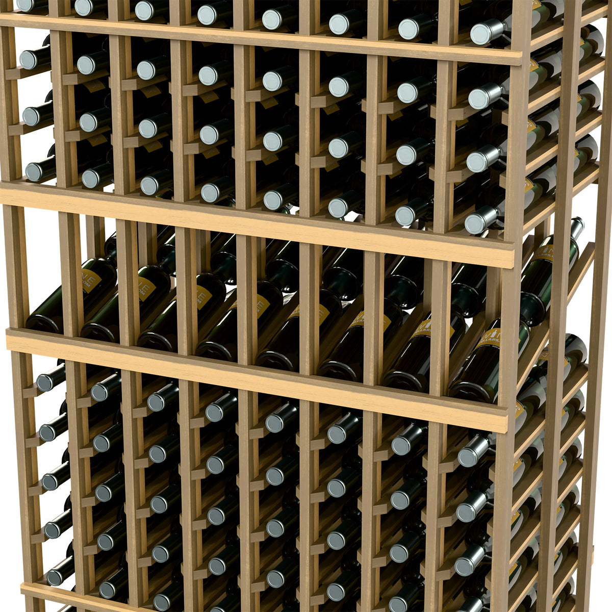 Wood wine bottle display rack with bottle rows and grid frame, close-up