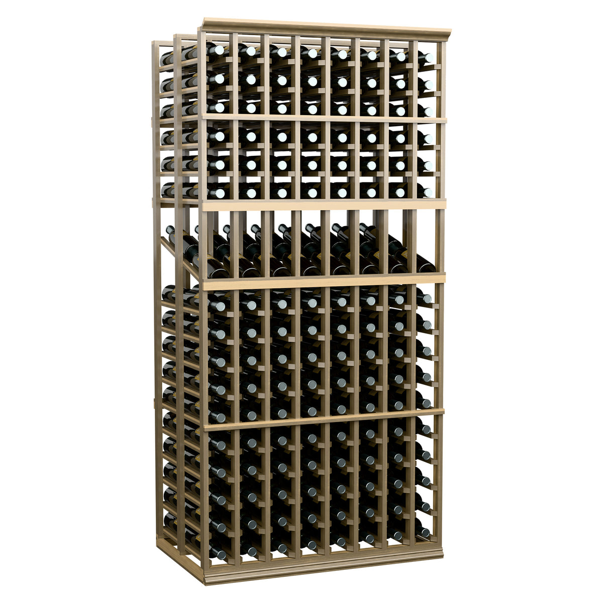 Wood wine storage display rack with multiple bottle rows and circular slot openings, front