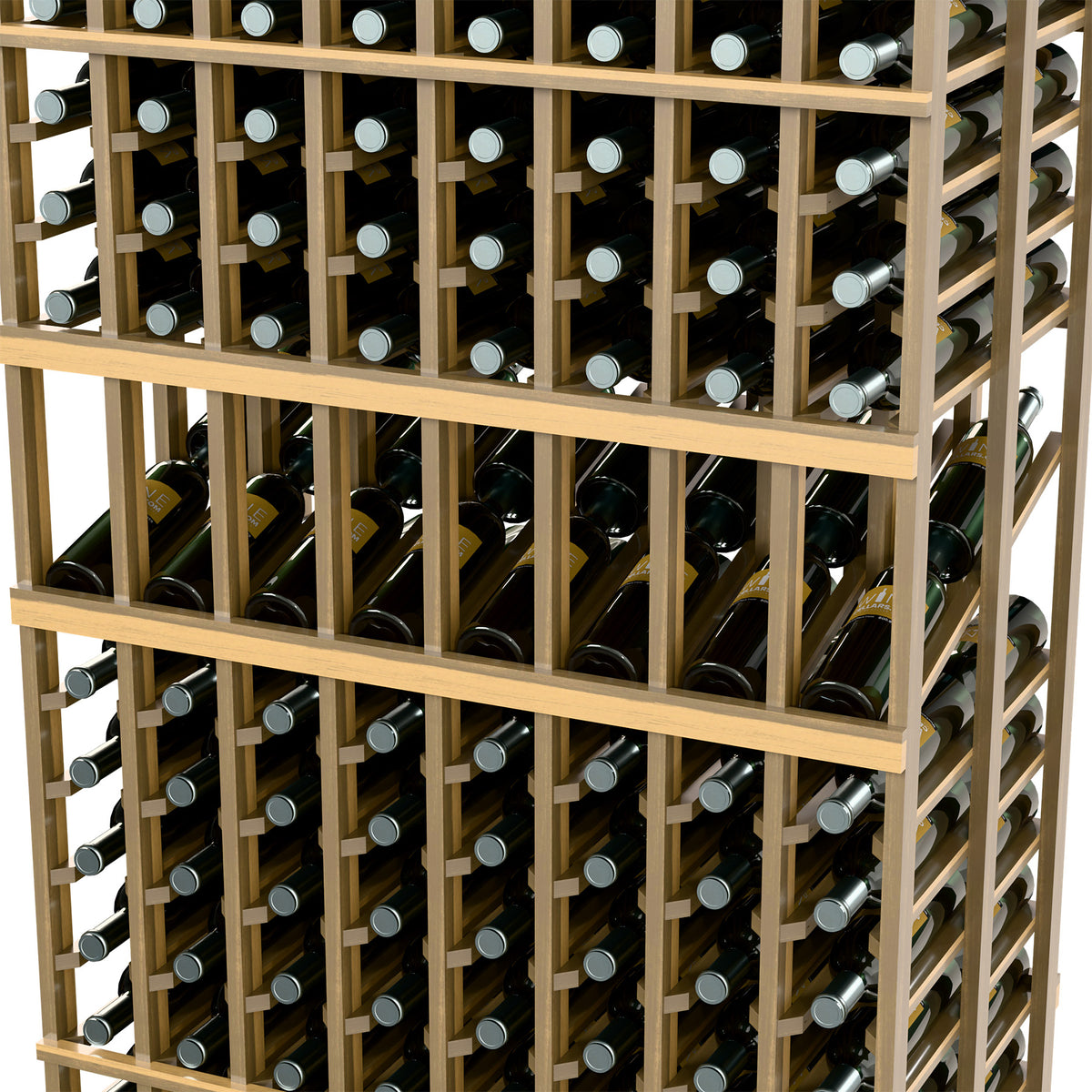Wood wine bottle display rack with bottles in vertical slots and horizontal dividers, close-up
