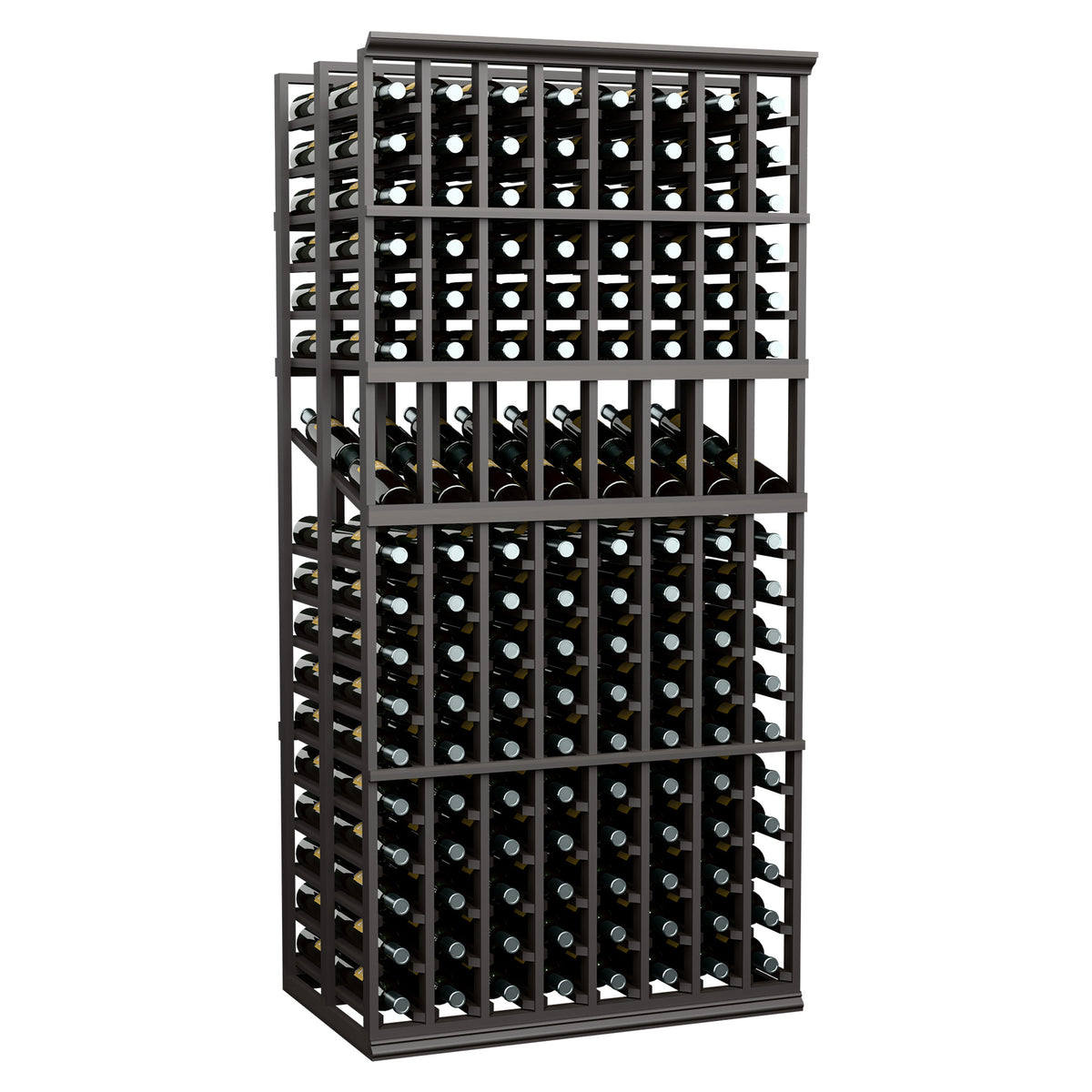 Dark wood wine bottle display rack with multiple rows and circular bottle slots, front view