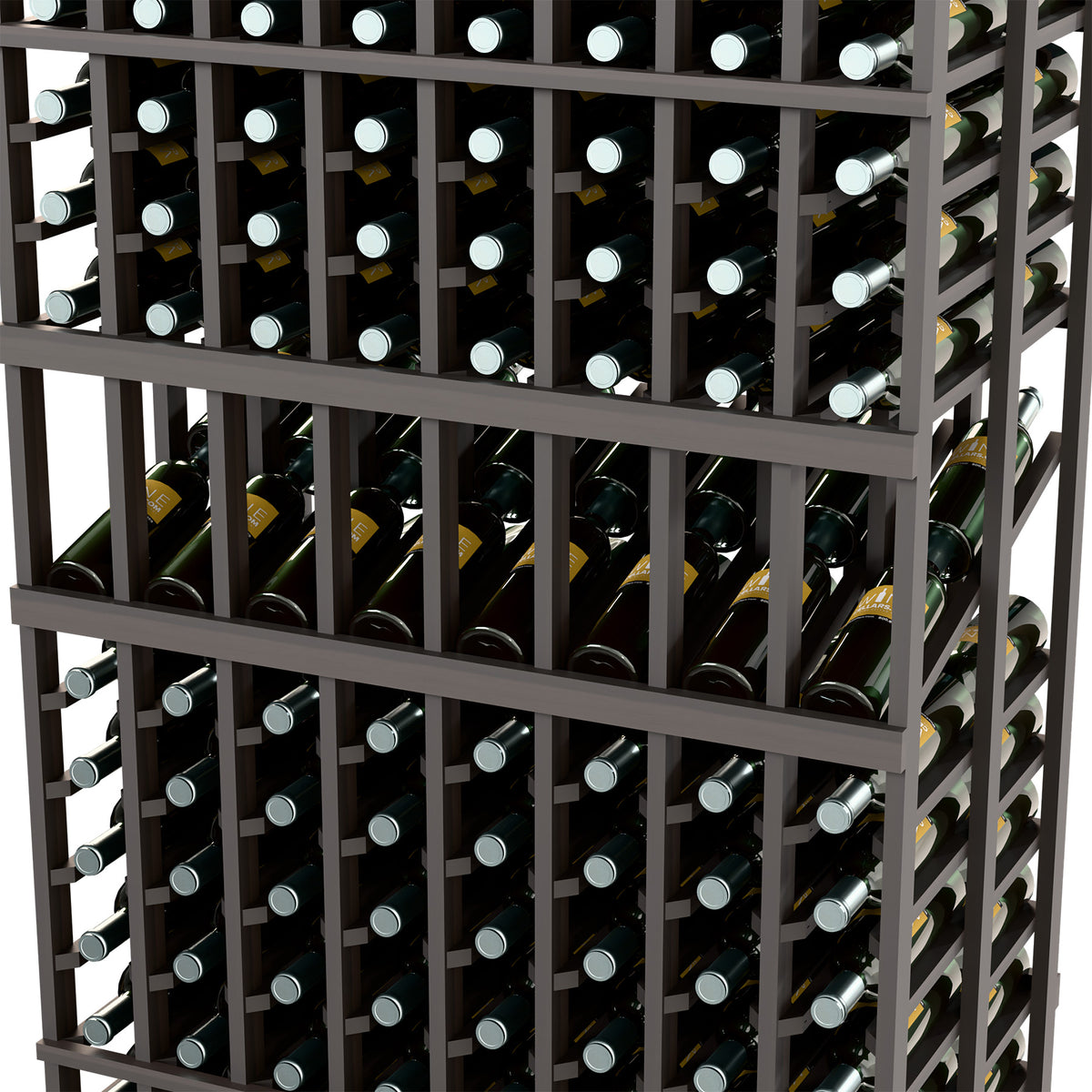 Dark wood wine storage rack showing bottle rows in a grid frame, close-up