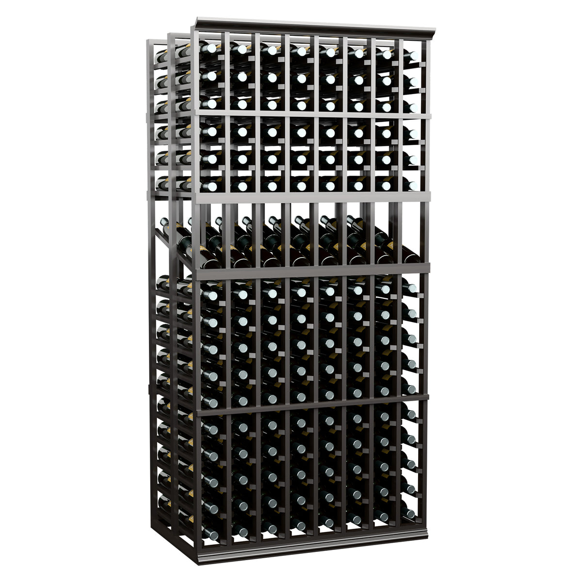 Dark wood wine bottle display rack with dual levels of bottle storage, front view