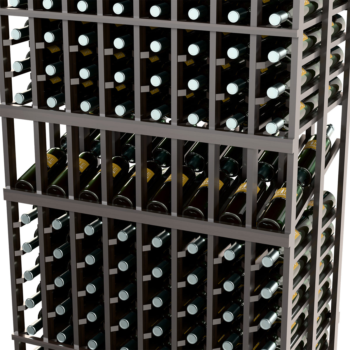 Dark wood wine bottle display rack with bottle rows in vertical slots, close-up
