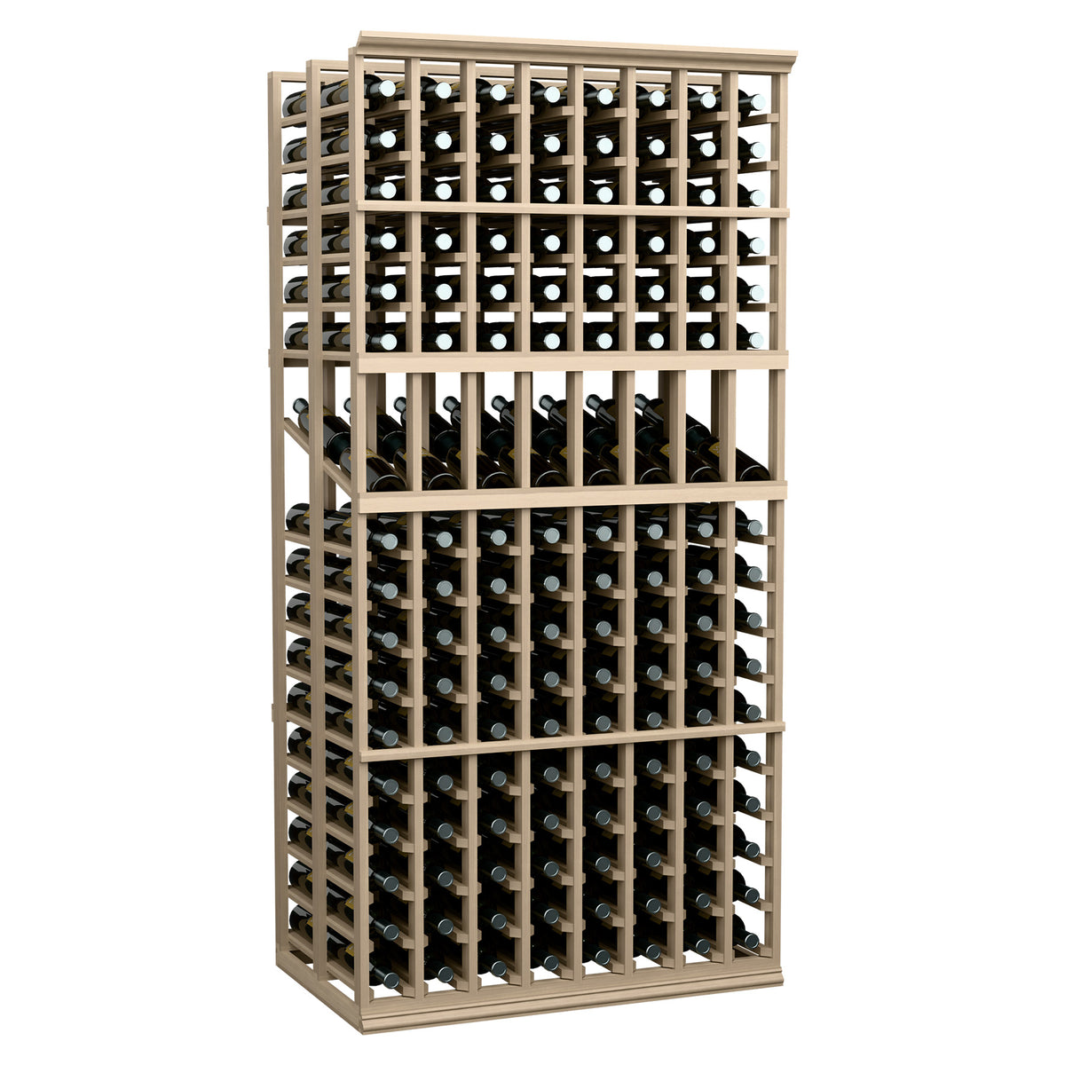 Double deep wine display rack with 8 columns and light wood frame, filled with bottles