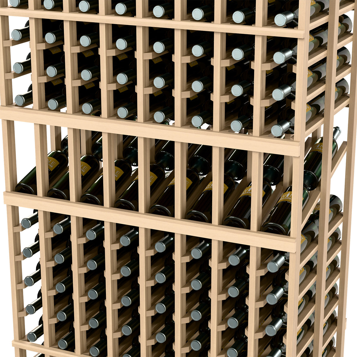 Close-up of double deep wine rack with 8 columns, light wood dividers and wine bottles