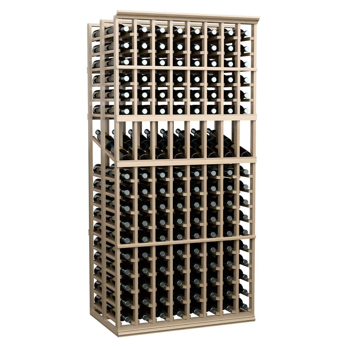 Double deep wine display rack with 8 columns and light wood frame, front view