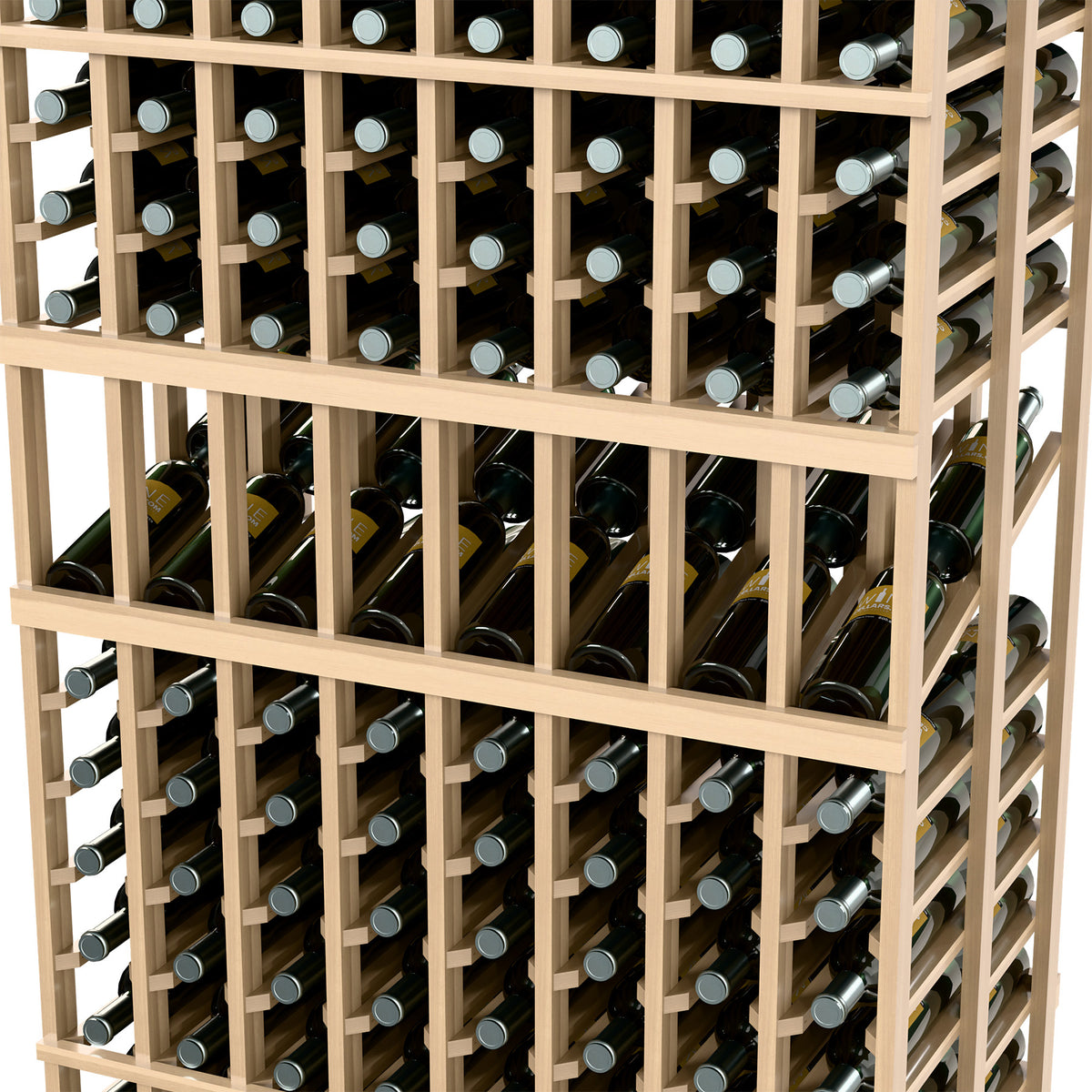 Close-up of 8-column double deep wine rack, light wood shelving with wine bottles