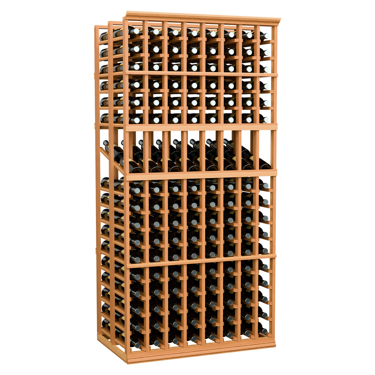 Double deep wine display rack with 8 columns and warm wood frame, filled with bottles