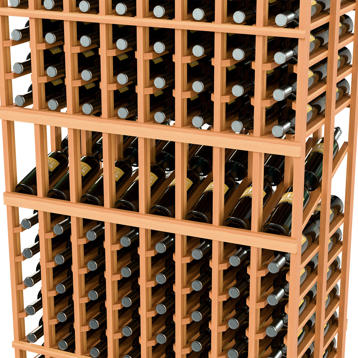 Close-up of 8-column double deep wine rack with warm wood dividers and wine bottles