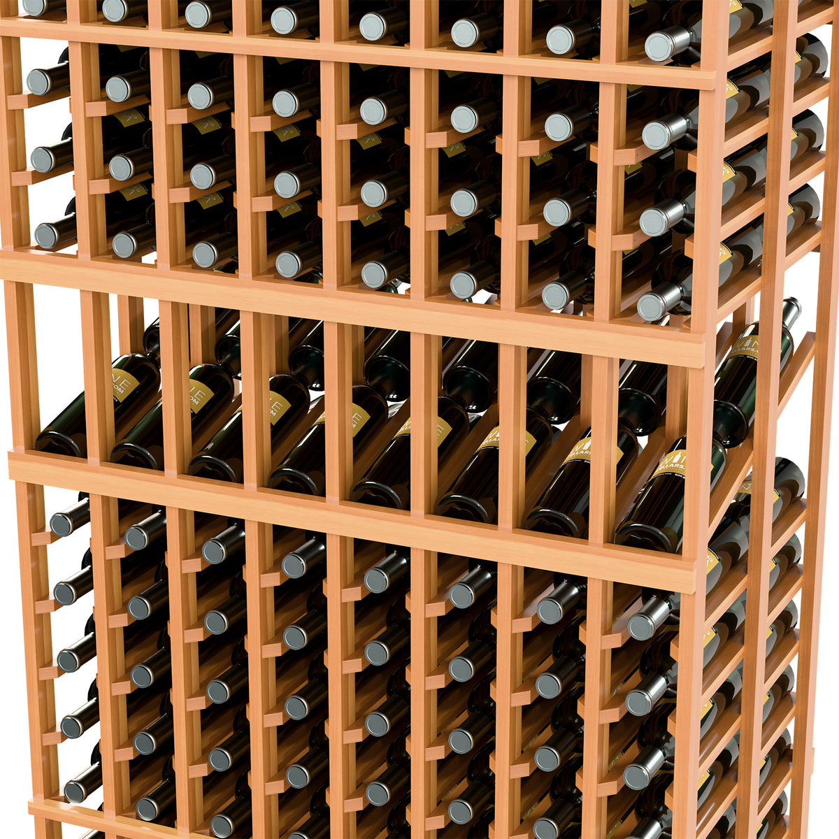 Close-up of 8-column double deep wine rack, warm wood shelves holding wine bottles