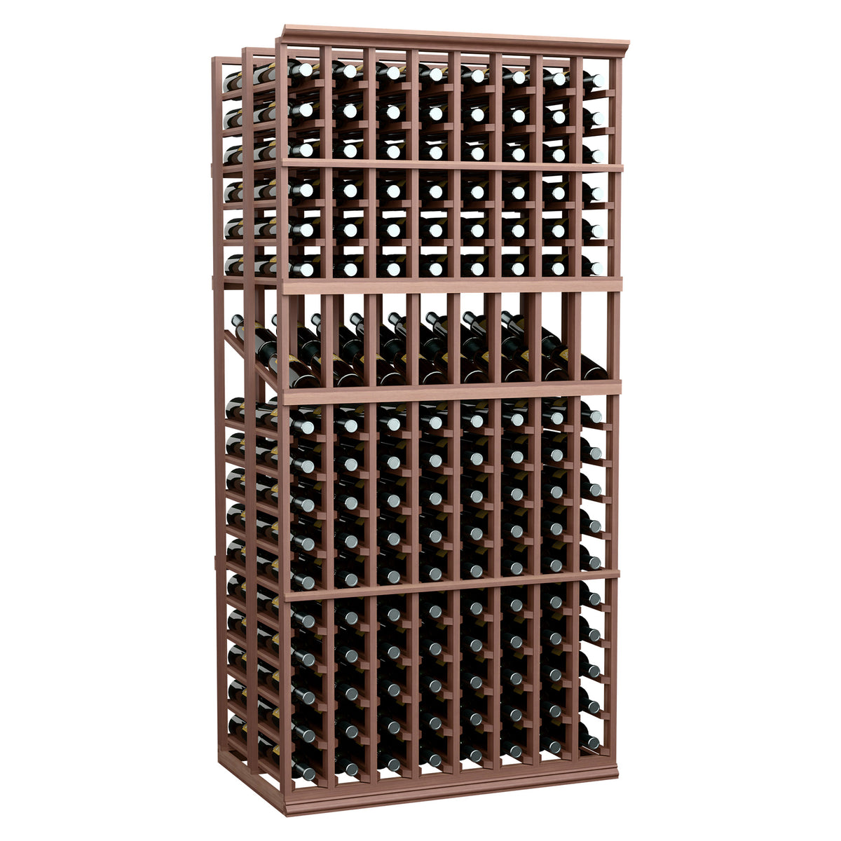Double deep wine display rack with 8 columns and dark-stained wood frame, filled with bottles