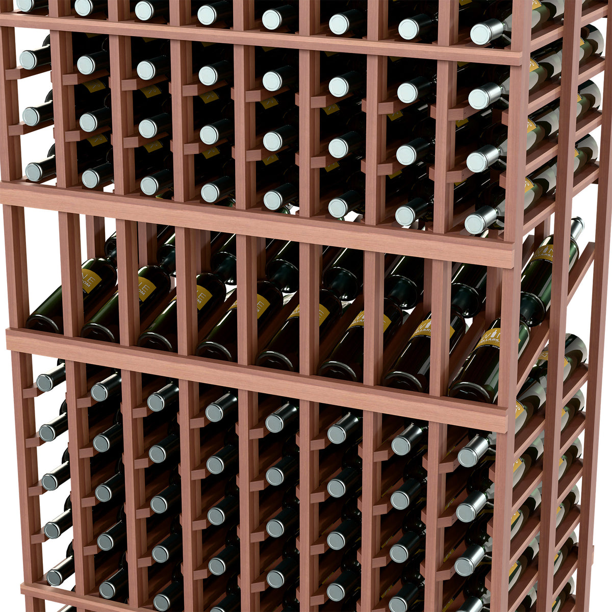 Close-up of 8-column double deep wine rack, dark-stained wood dividers with wine bottles