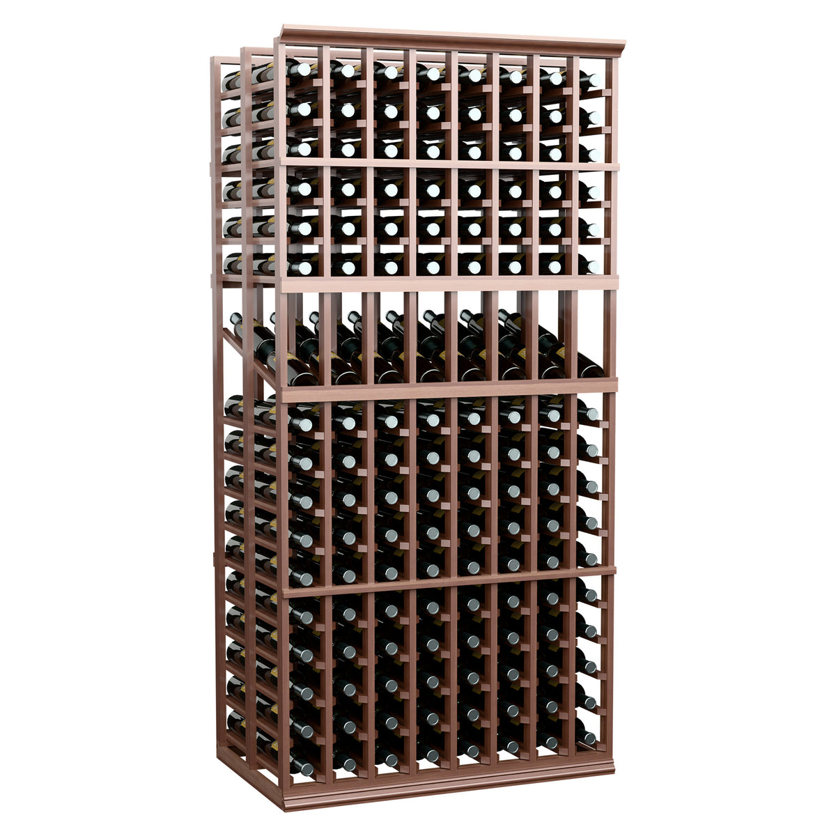 Wine bottle display rack, 8-column double-deep, dark wood with rows of bottles