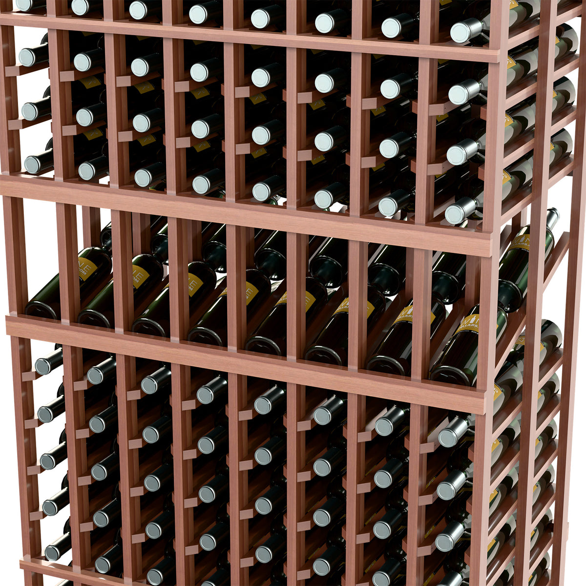 Wine bottle display rack close-up: double-deep grid holding wine bottles in dark wood