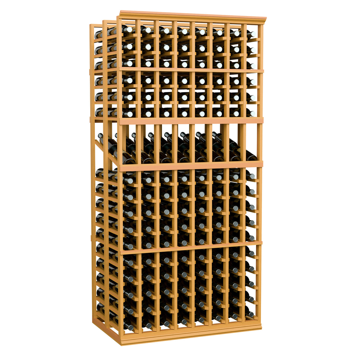 Wine bottle display rack, 8-column double-deep, light wood with stacked wine bottle rows