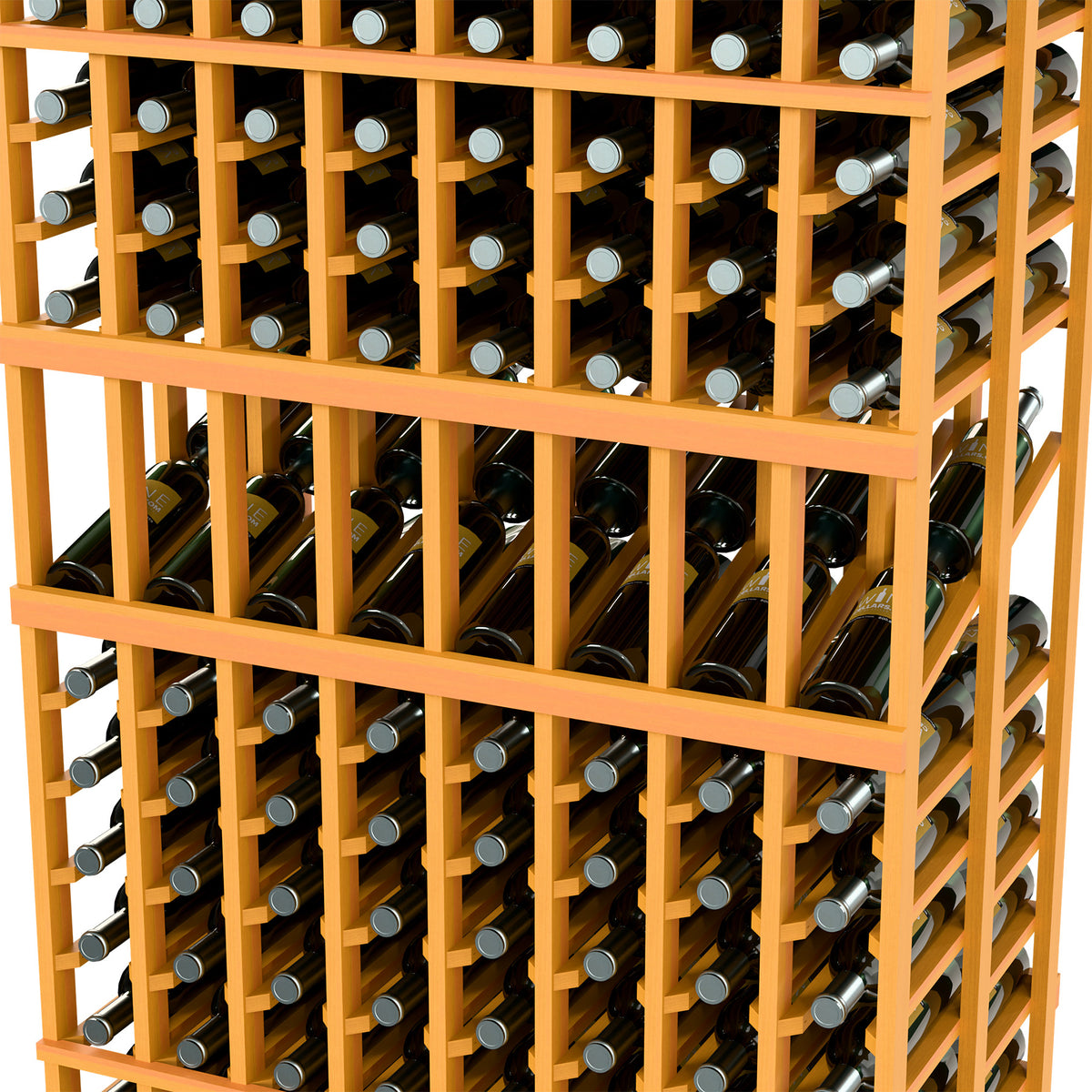 Wine bottle display rack close-up: light wood lattice with bottles stored in rows