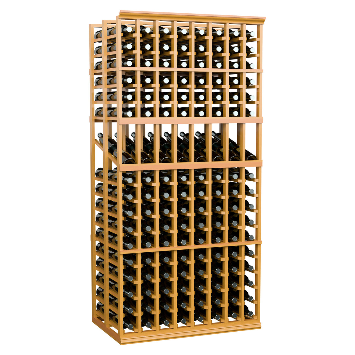 Wine bottle display rack, 8-column double-deep, warm light wood with front bottle columns