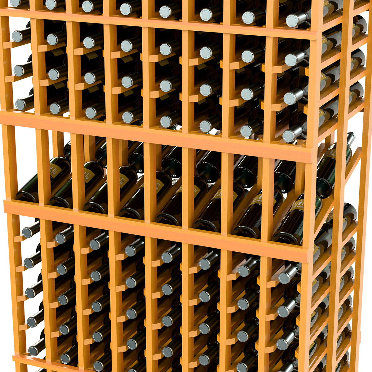 Wine bottle display rack close-up: warm wood frame with wine bottles in double-deep rows