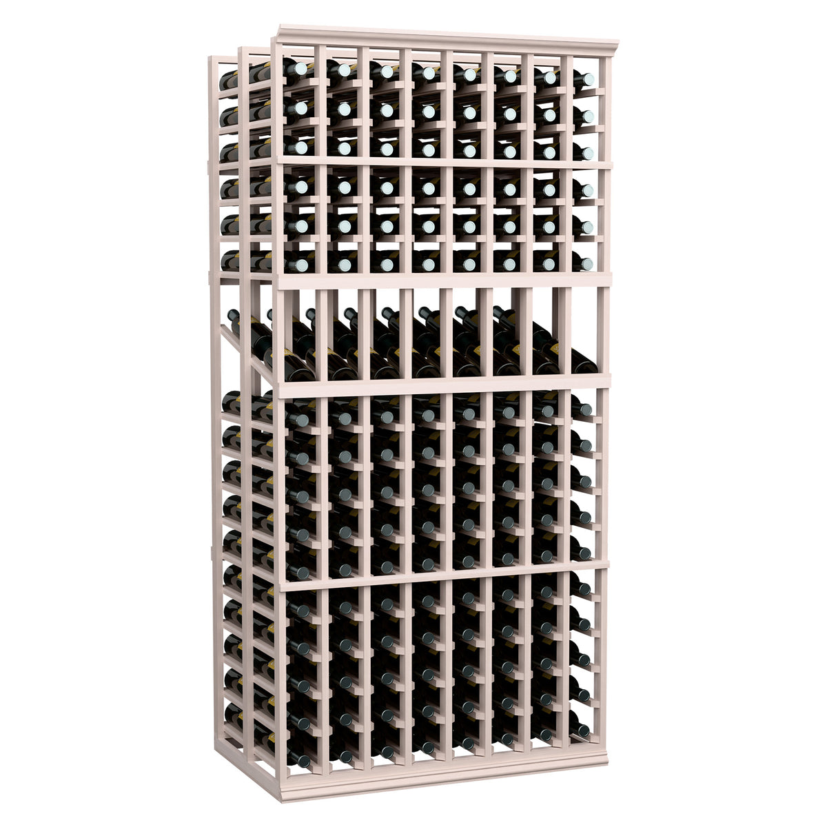 Wine bottle display rack, 8-column double-deep, gray wood frame holding bottles