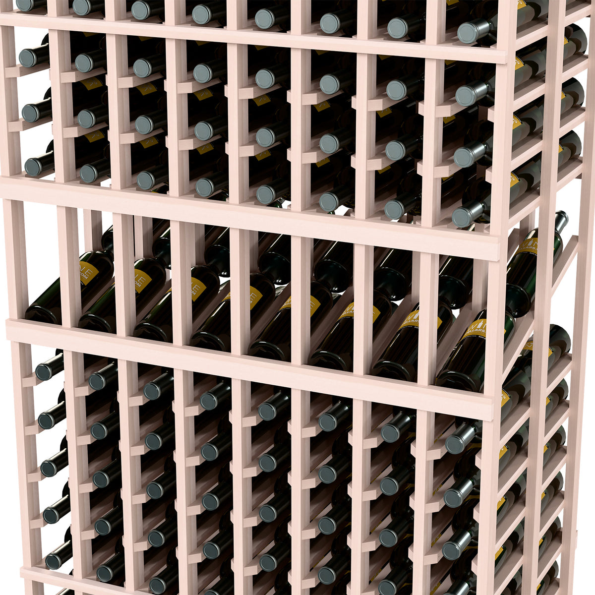 Wine bottle display rack close-up: pale wood grid with wine bottles arranged in rows