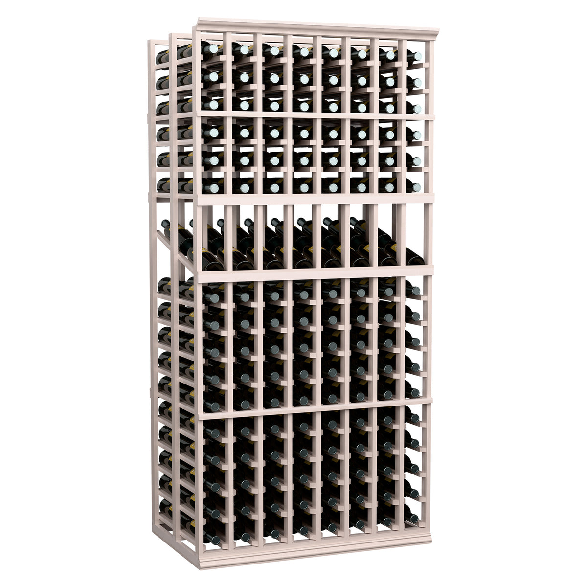 Wine bottle display rack, 8-column double-deep, gray wood with tightly packed bottle columns