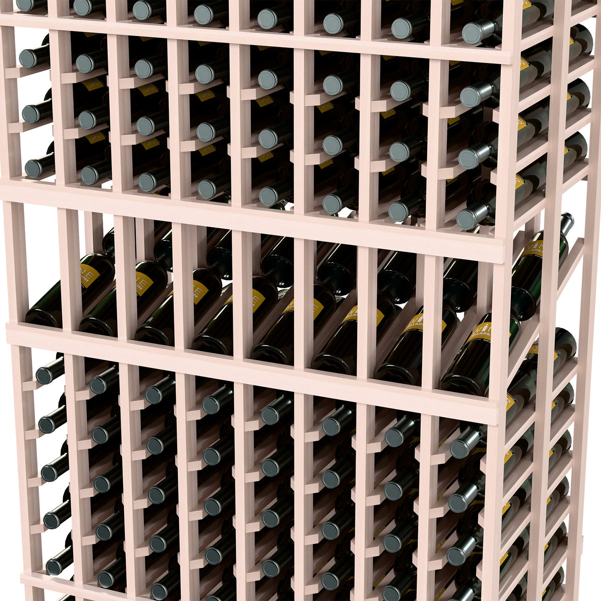 Wine bottle display rack close-up: pale wood rack holding wine bottles in double-deep sections