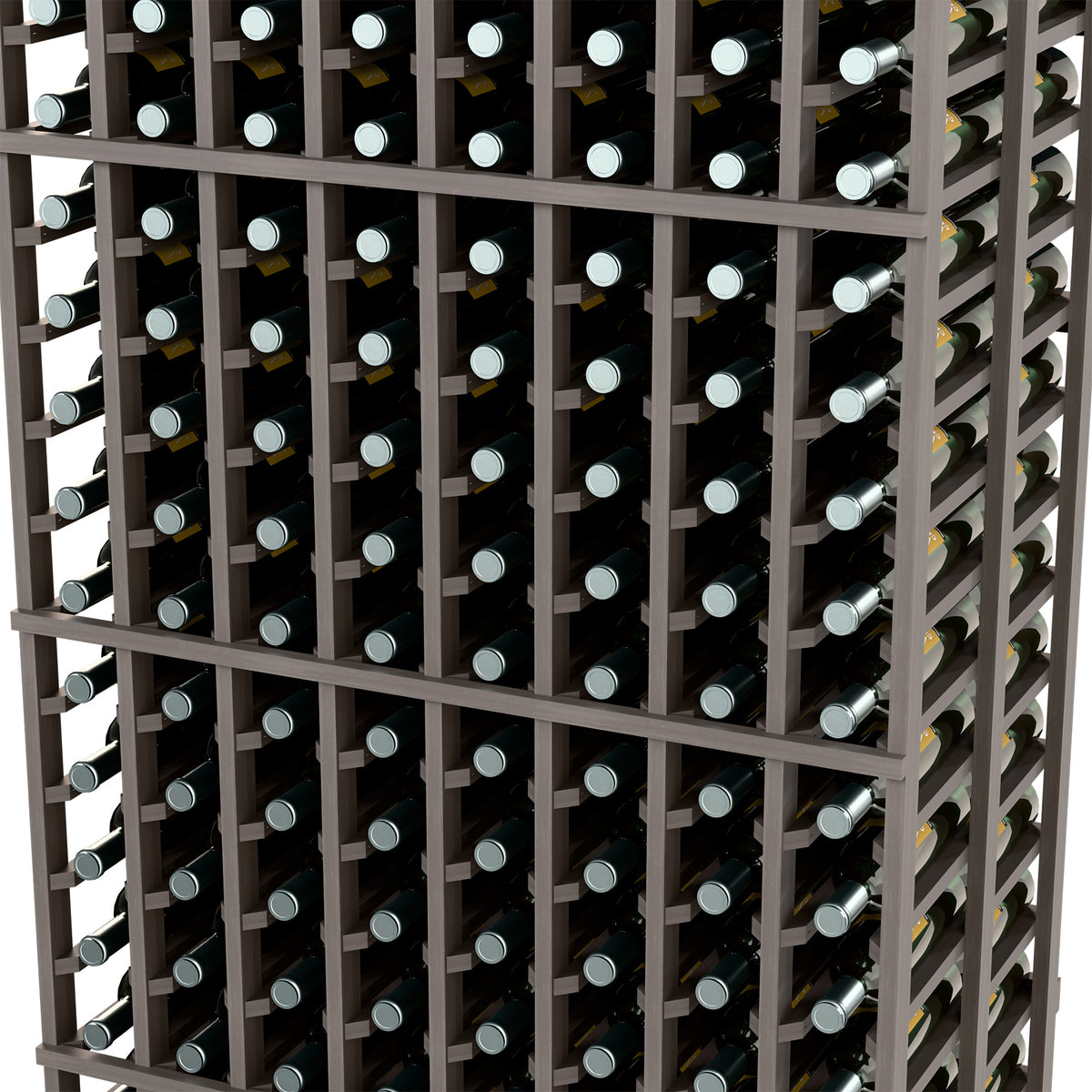 Close-up of dark wine rack showing bottle holders and vertical grid shelves