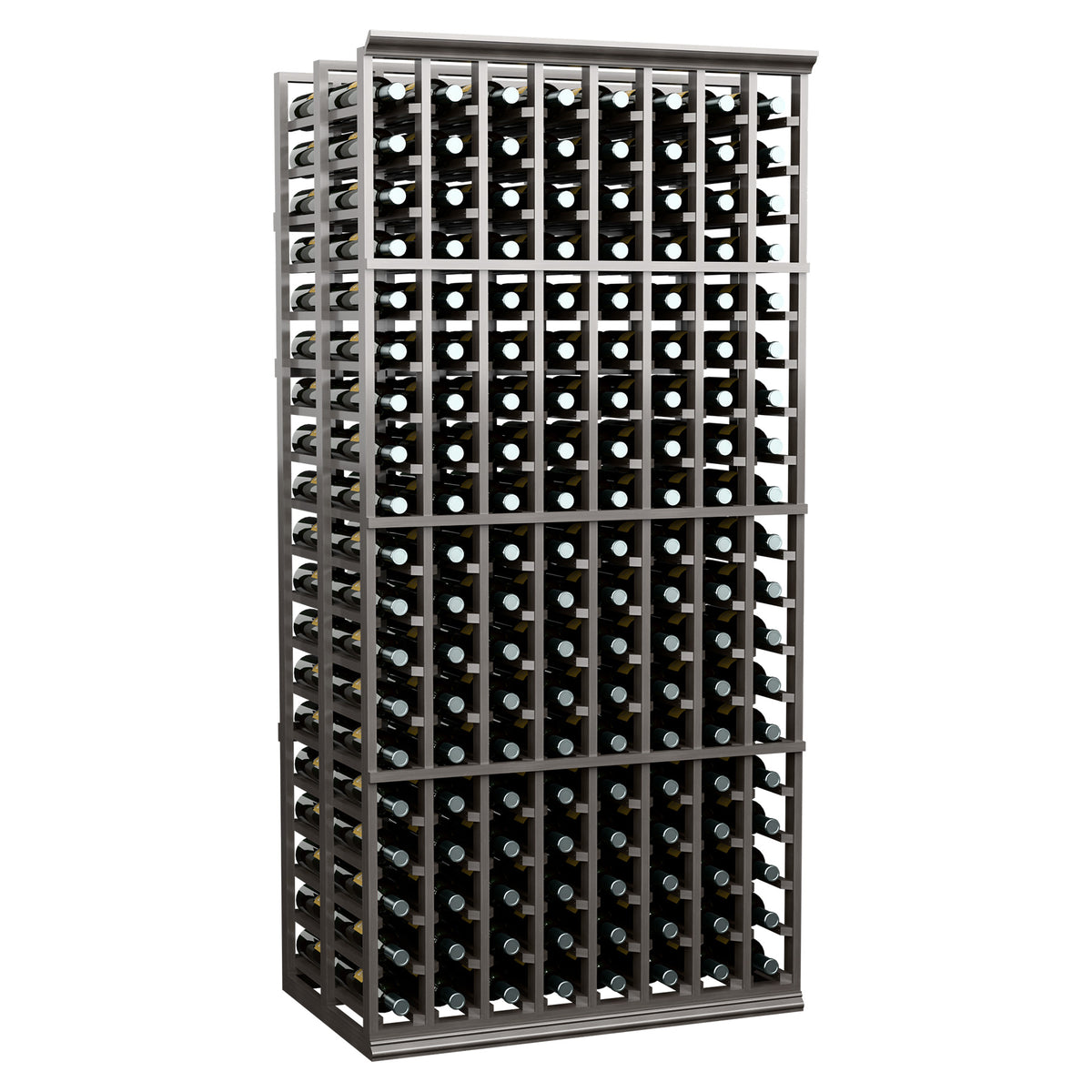 8-column double-deep wine bottle rack with dark frame and bottle storage grid
