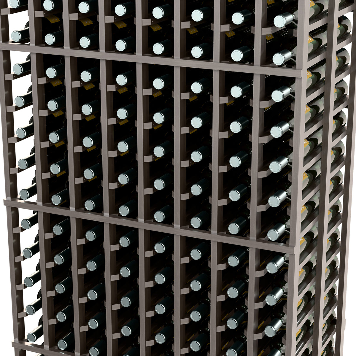 Close-up of dark wine rack with rows of bottle slots and metal dividers