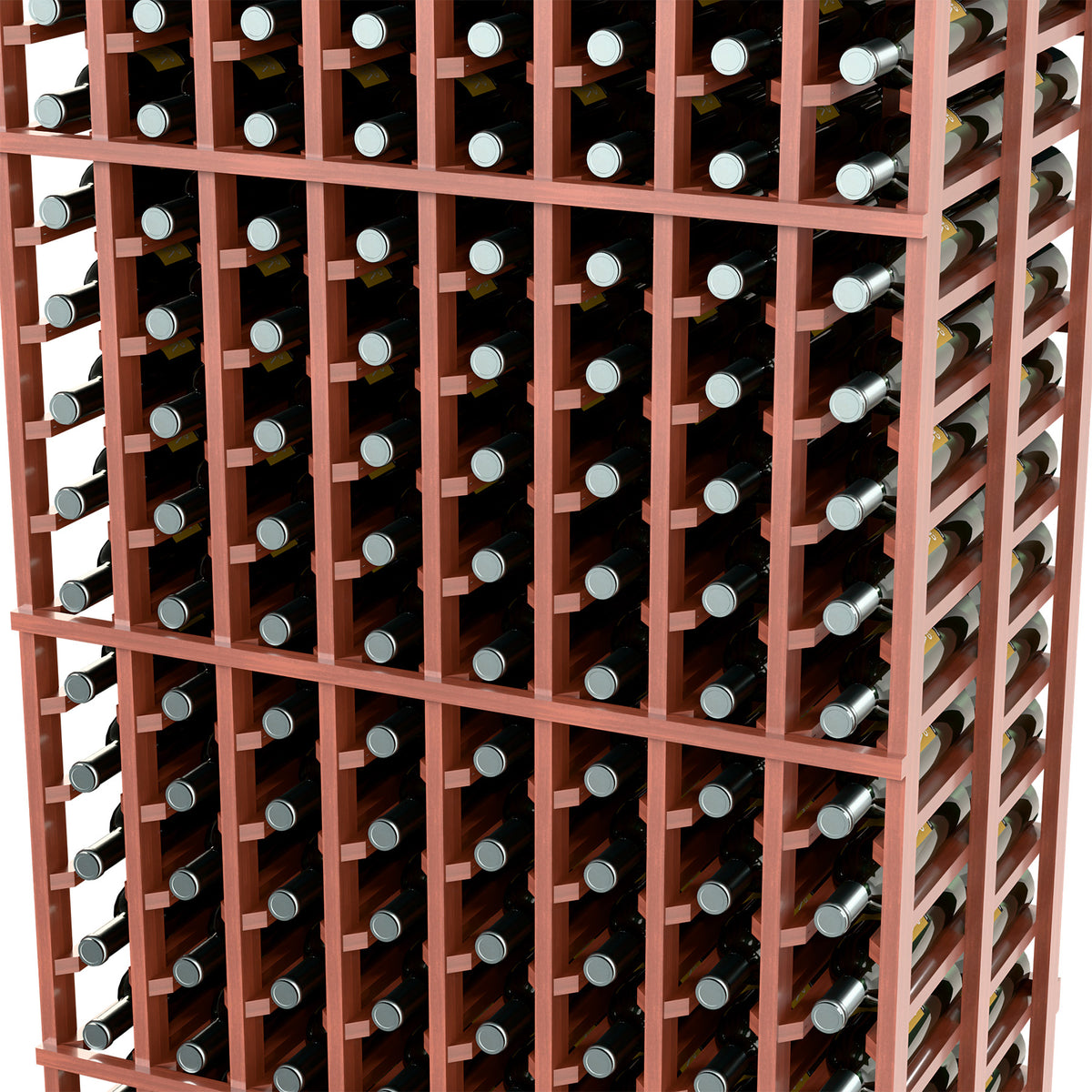 Close-up of reddish wine rack with bottle slots across the vertical grid