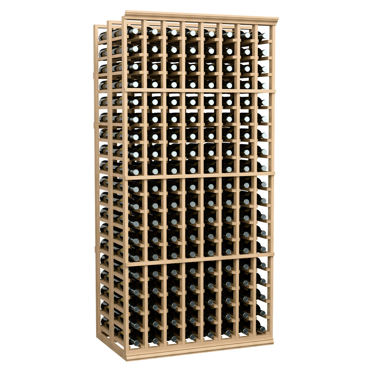 8-column double-deep wine bottle rack with light wood frame and bottle storage grid
