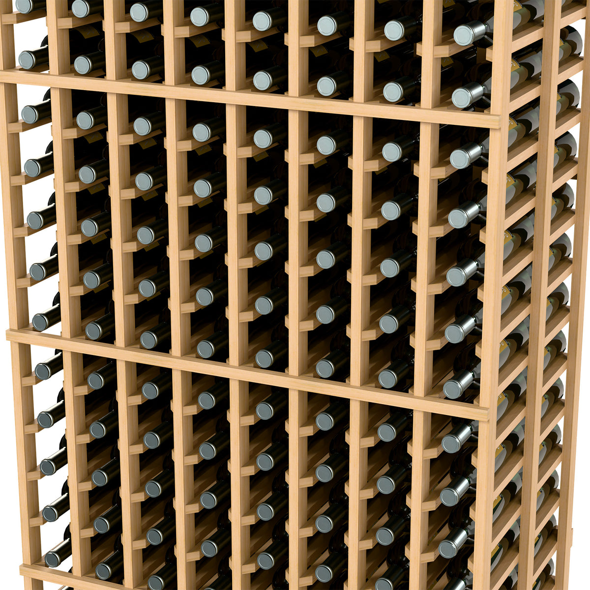 Close-up of light wood wine rack with bottle holders and vertical grid shelves