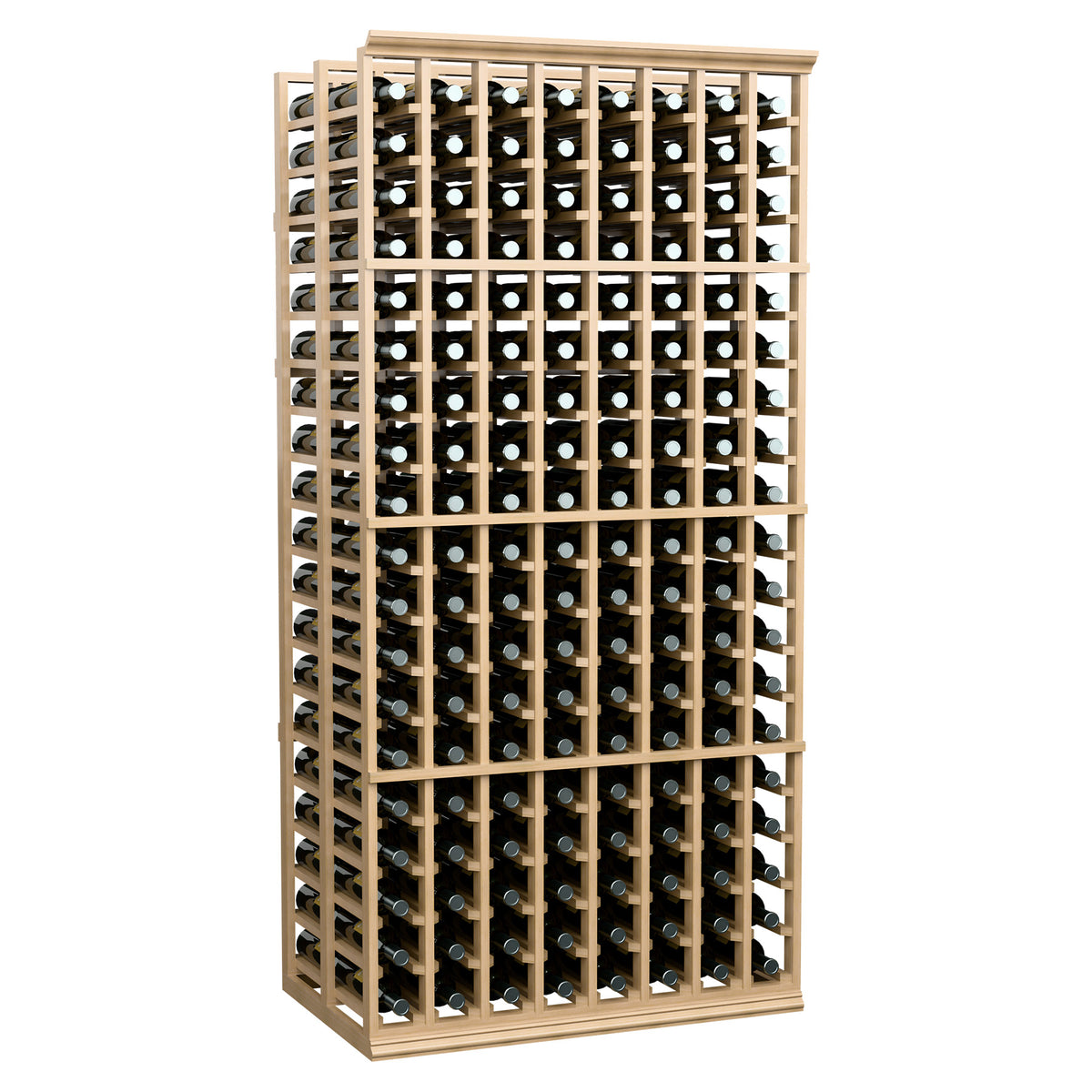 8-column double-deep wine bottle rack with light wood frame and bottle grid slots