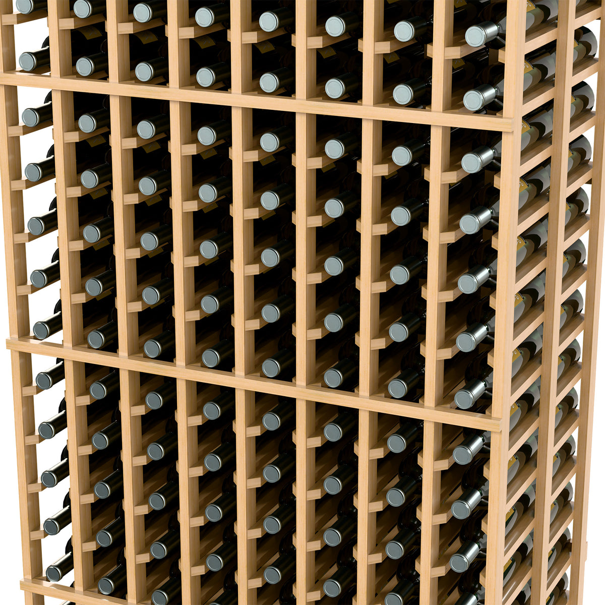 Wine bottle rack grid with light wood dividers and round bottle openings