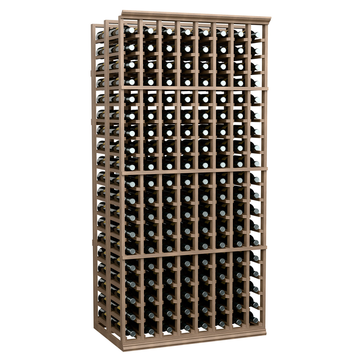 8-column double-deep wine bottle rack with light wood frame and front bottle slots
