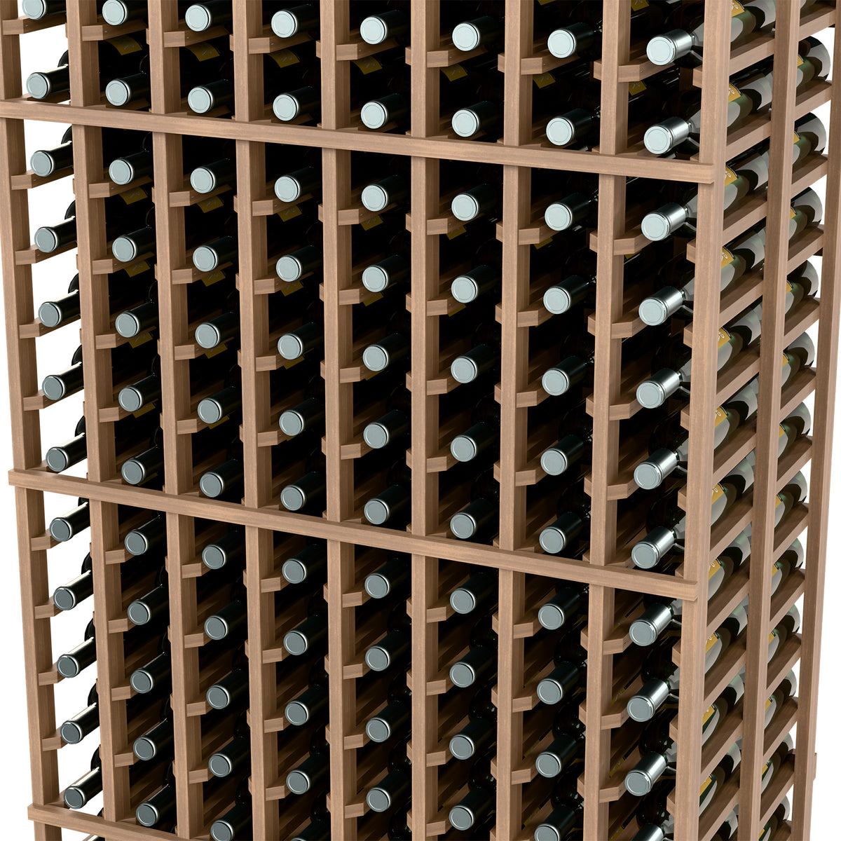 Wine bottle rack close-up showing light wood frame and bottle grid compartments