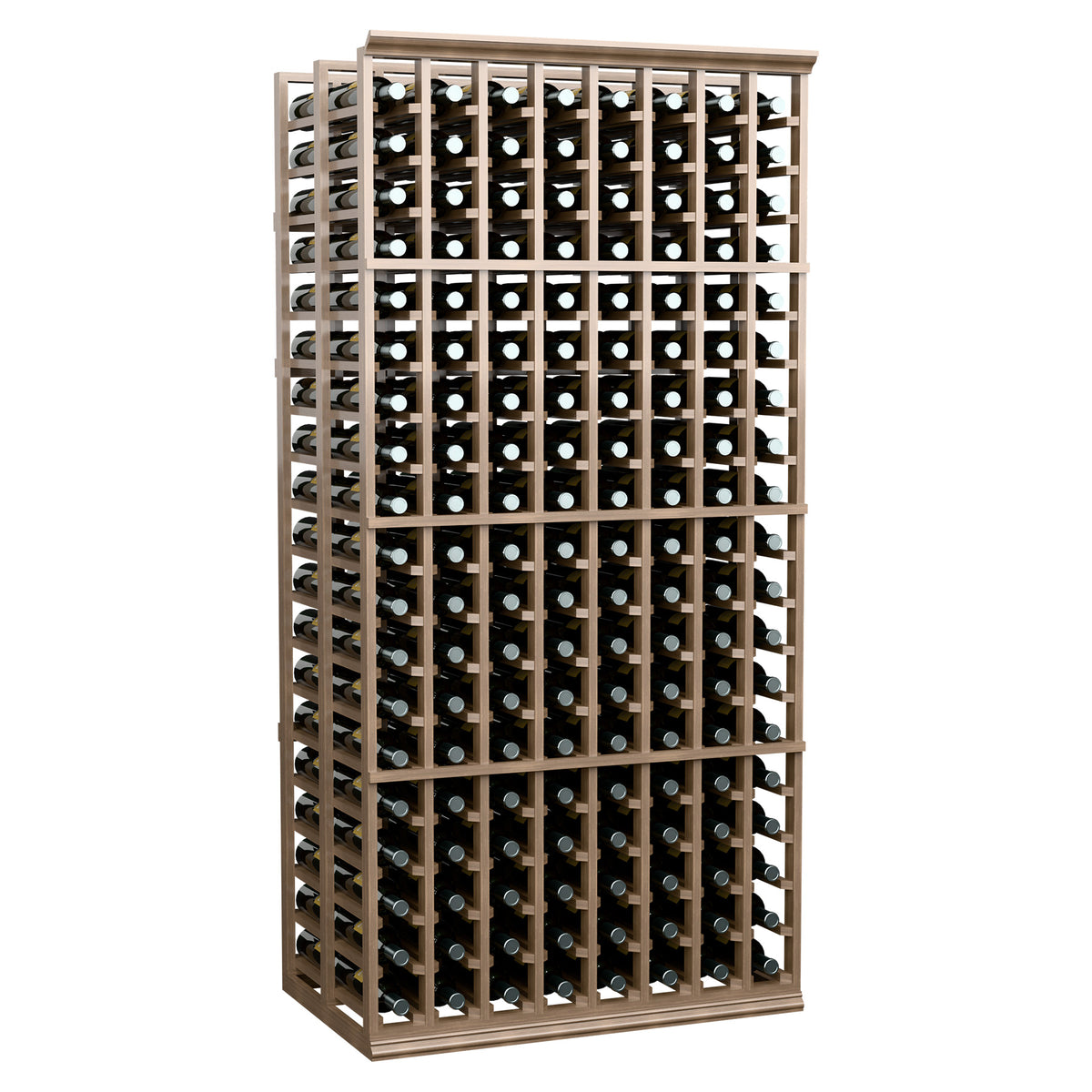 8-column double-deep wine bottle rack in light wood with stacked bottle rows