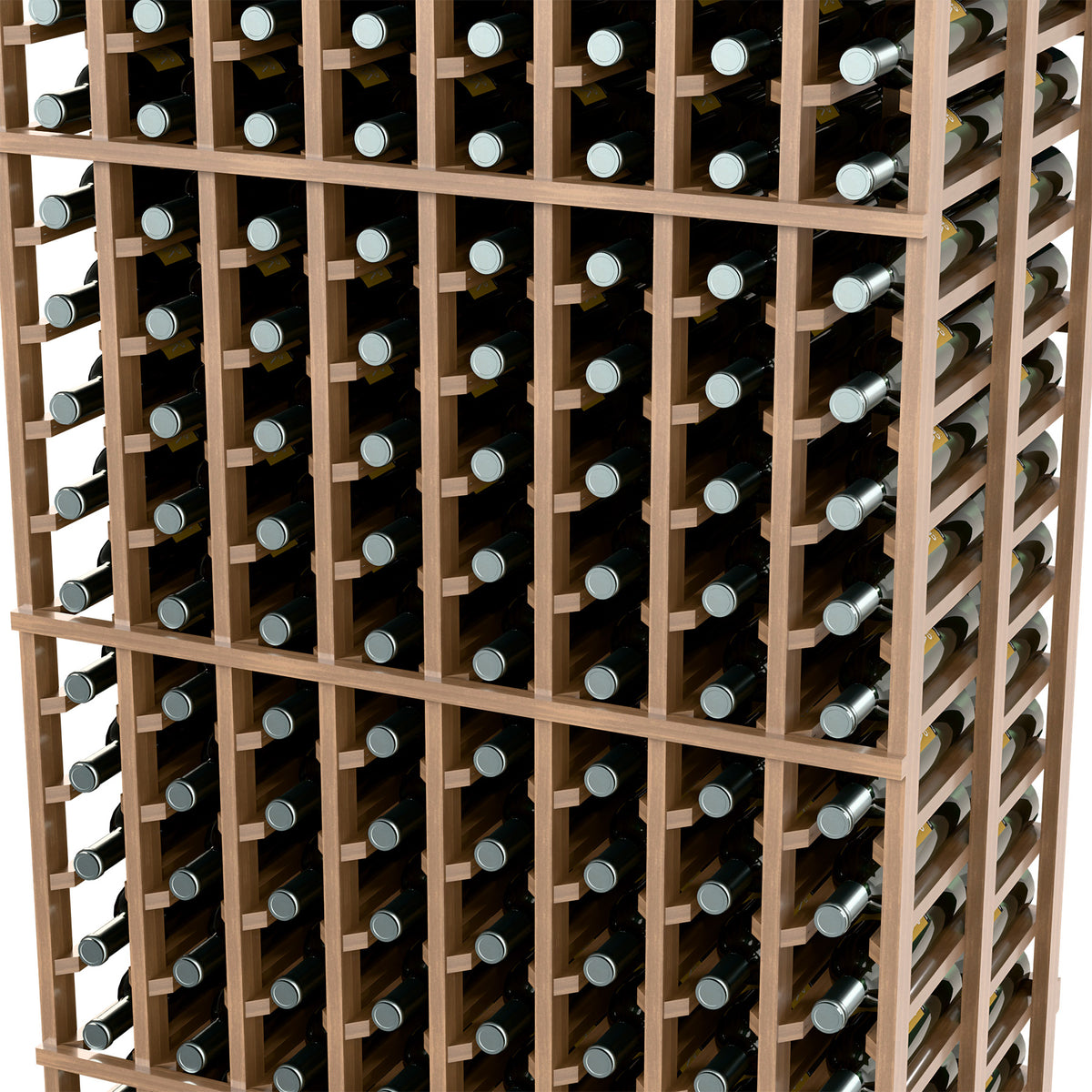 Wine bottle rack side view with light wood frame and multiple bottle compartments