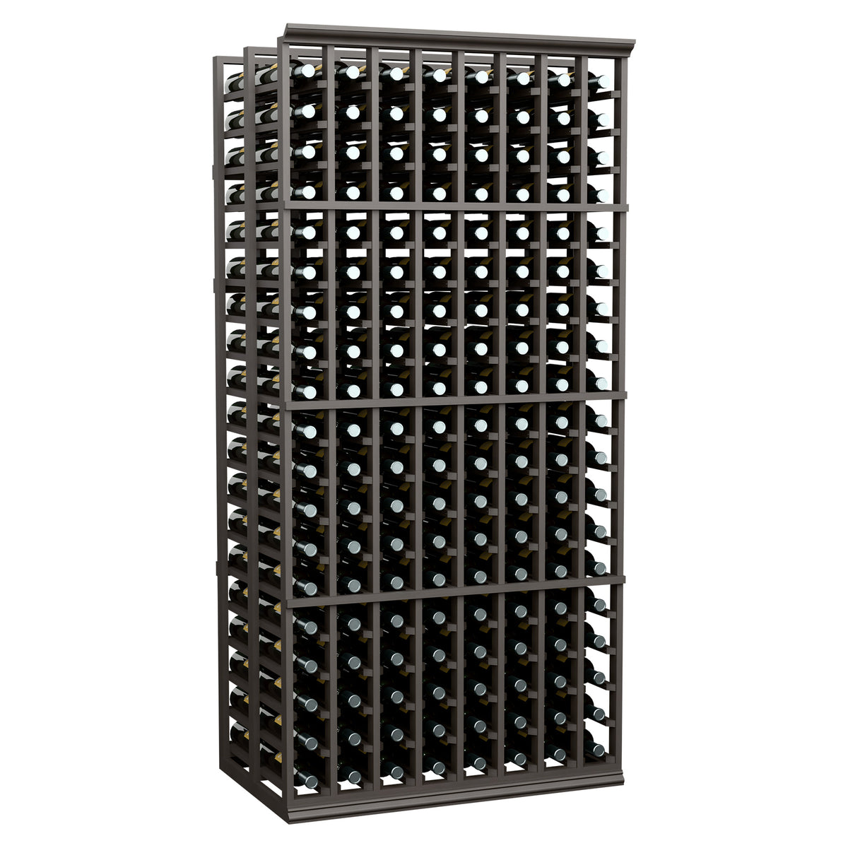 8-column double-deep wine bottle rack with dark frame and bottle grid slots