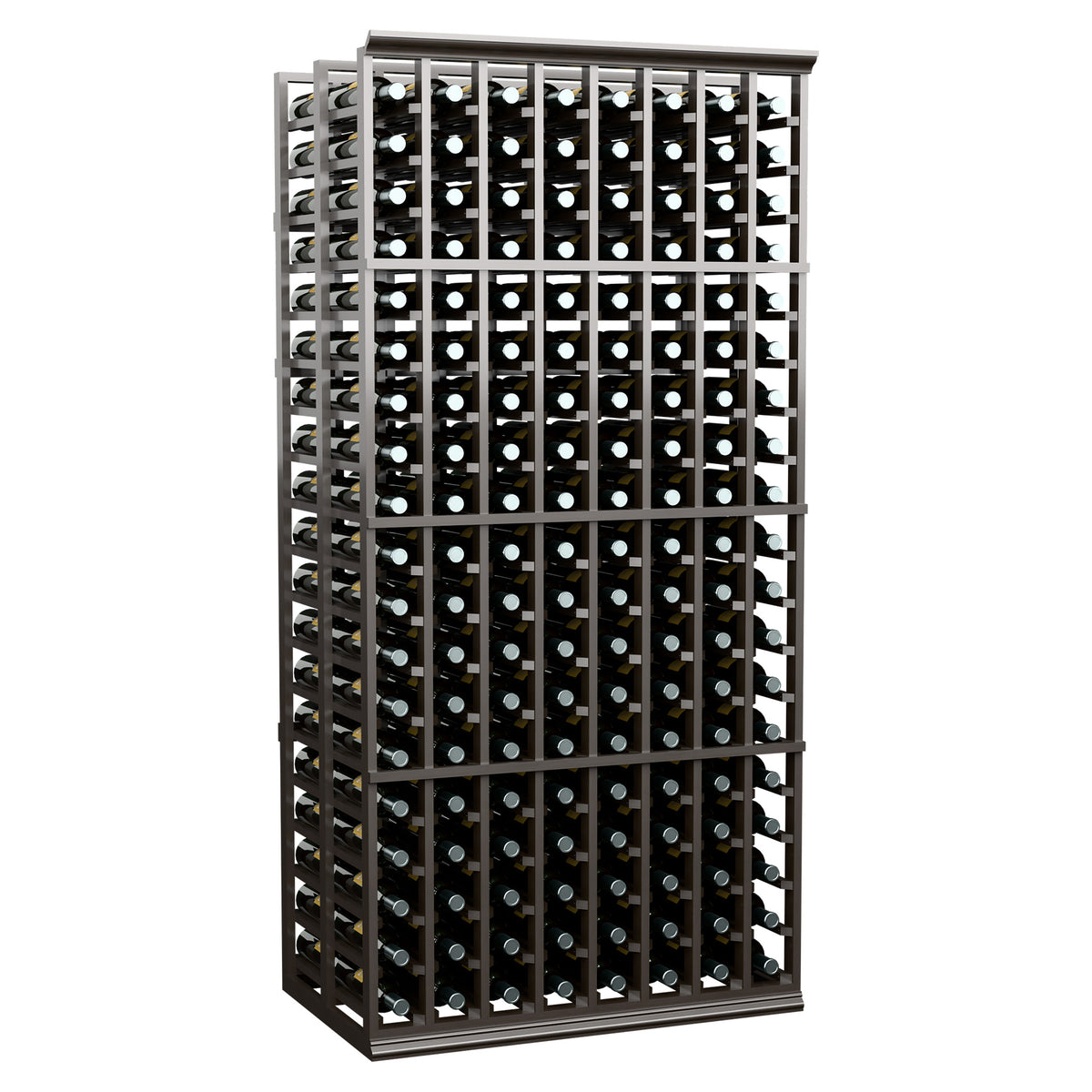 8-column double-deep wine bottle rack in dark finish with stacked bottle rows