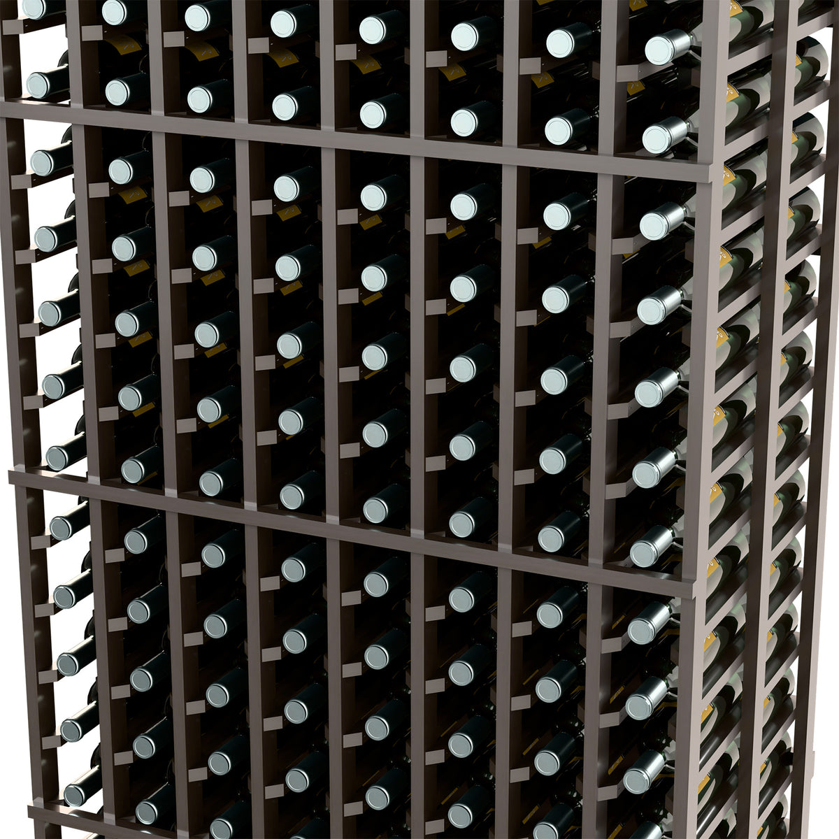 Wine bottle rack side close-up with dark frame and multiple bottle compartments