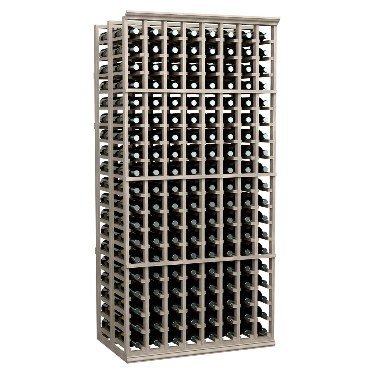 8-column double-deep wine bottle rack with dark wood frame, front rows of bottles