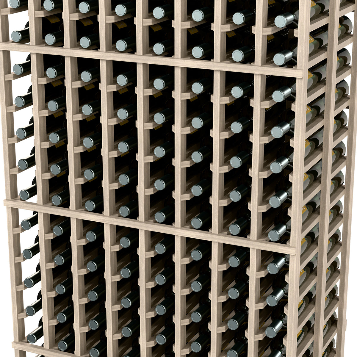 Close-up of an 8-column double-deep wine bottle rack with dark wood dividers