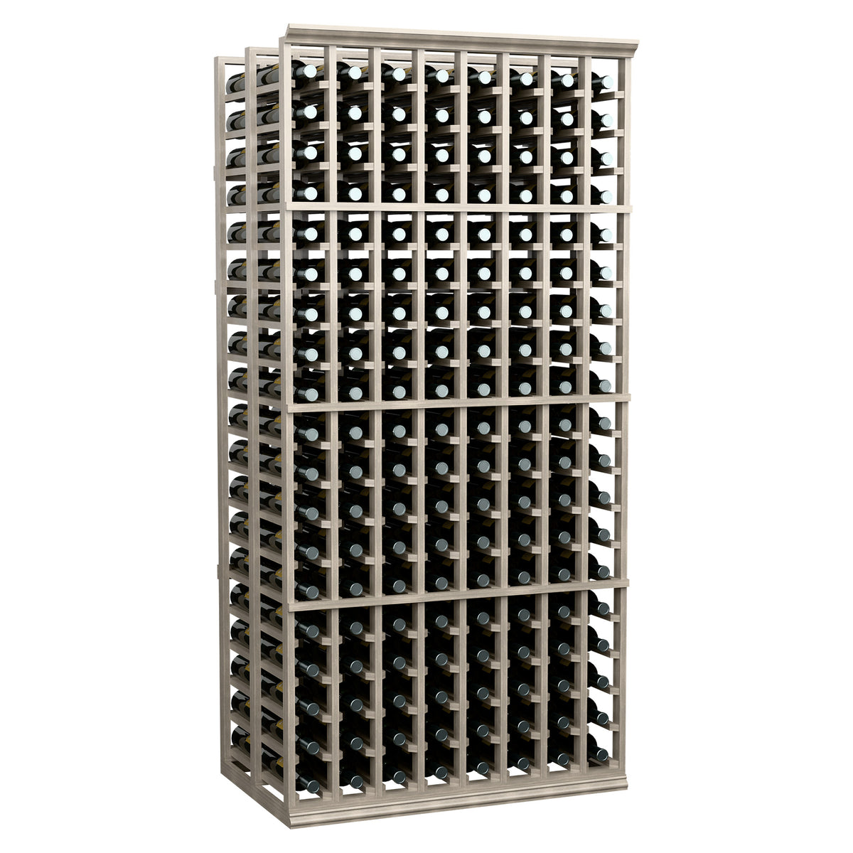 8-column double-deep wine bottle rack with dark wood frame and bottle grid front
