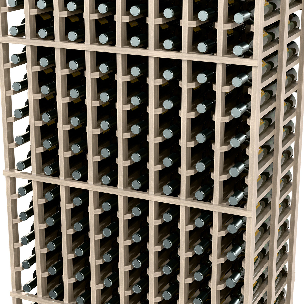 Close-up view of an 8-column double-deep wine bottle rack with dark wood frame