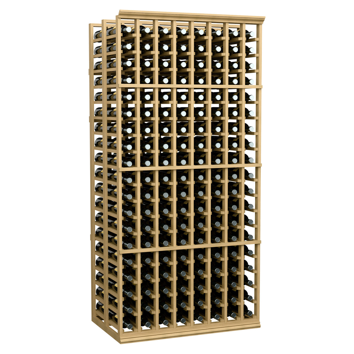 8-column double-deep wine bottle rack with light wood frame and bottle grid