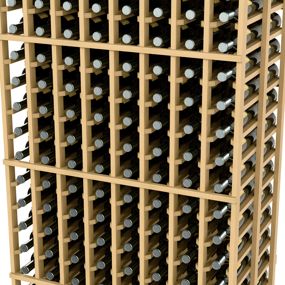 Close-up of an 8-column double-deep wine bottle rack with light wood dividers