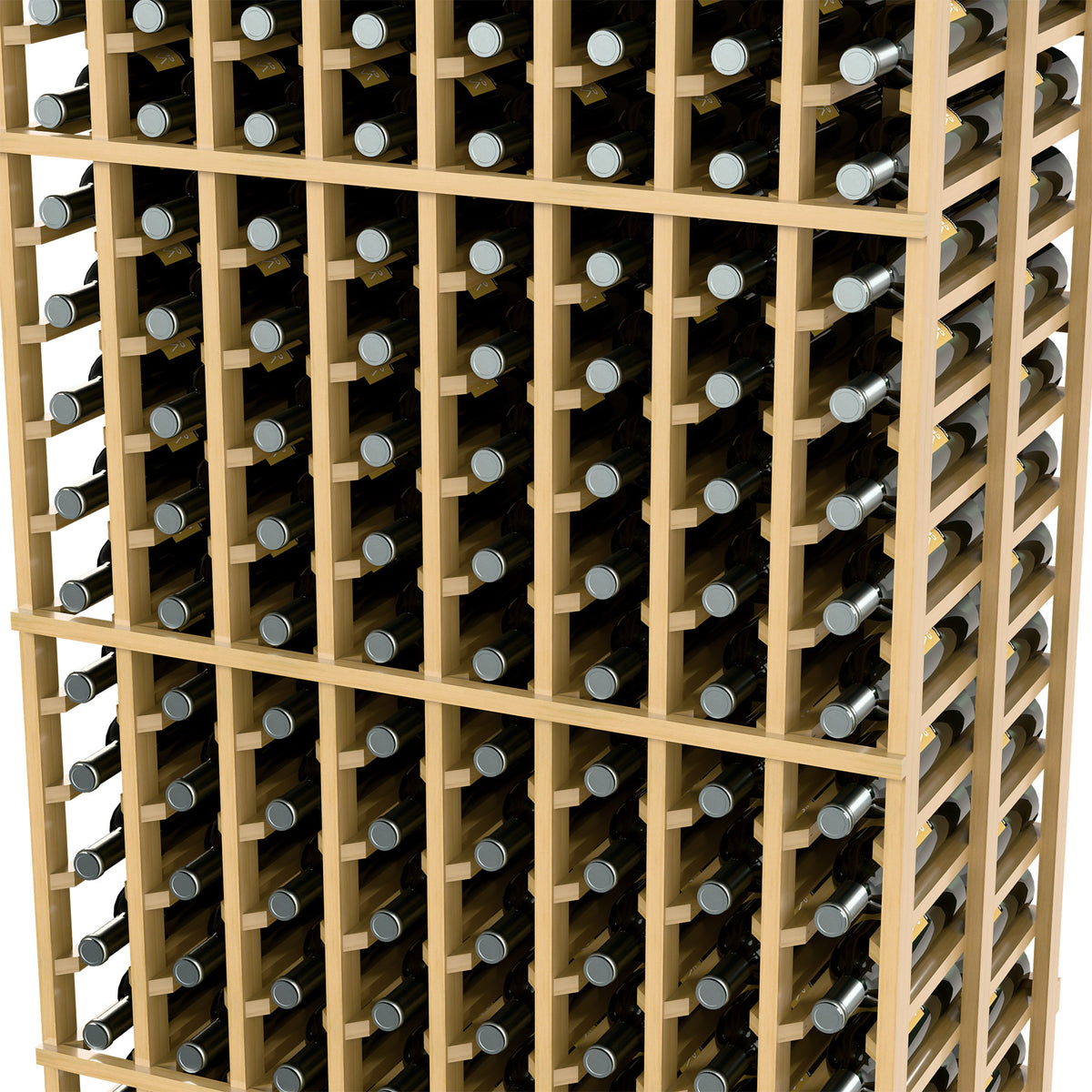 Close-up view of an 8-column double-deep wine bottle rack with light wood frame